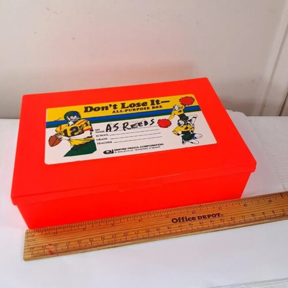 Vintage Empire Pencil Plastic School Box Case School Bus & Football cheerleaders